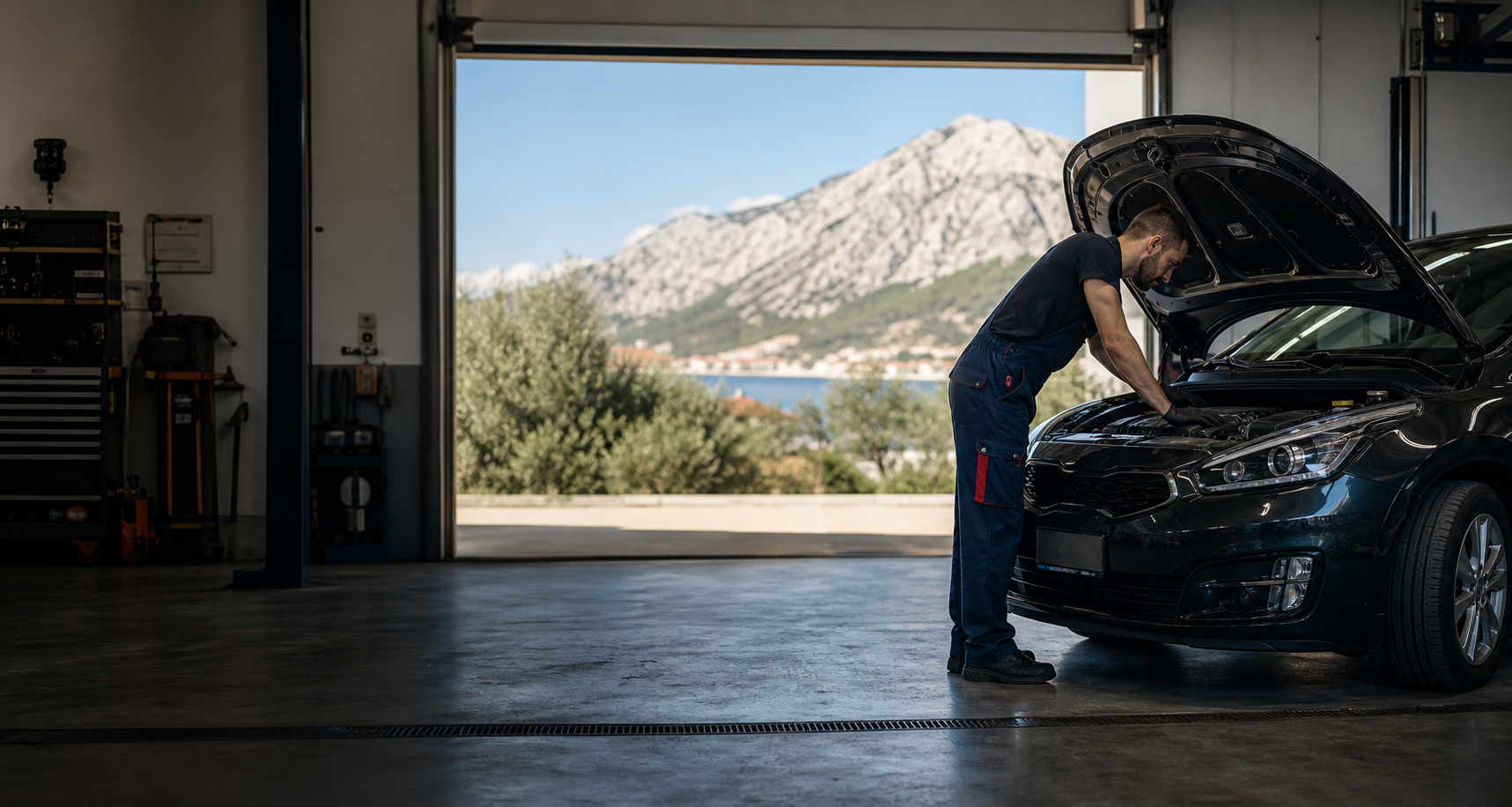 Ilustracija auto servisa u dalmatinskom okruženju
